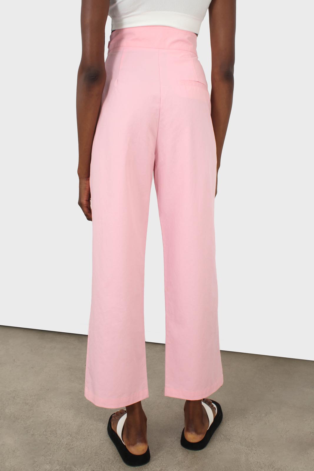 Pink asymmetric waist button tab trousers_4