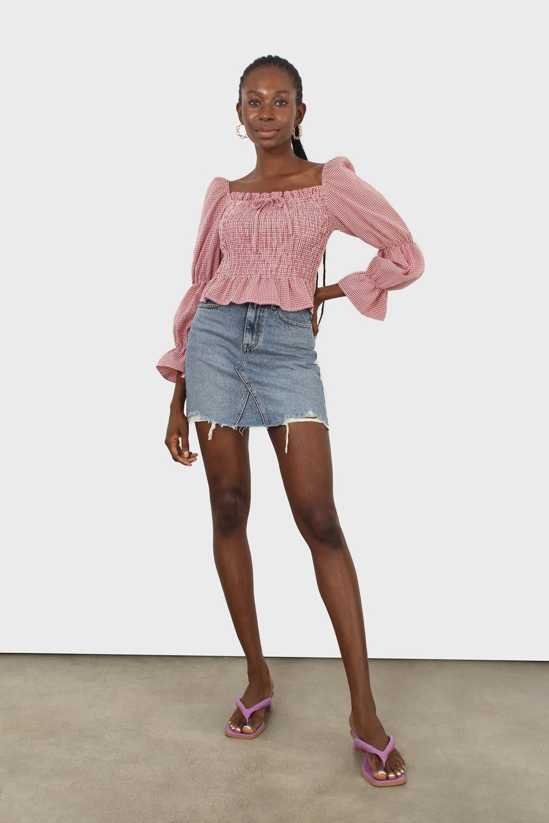 Mid blue denim ripped hem skirt_1