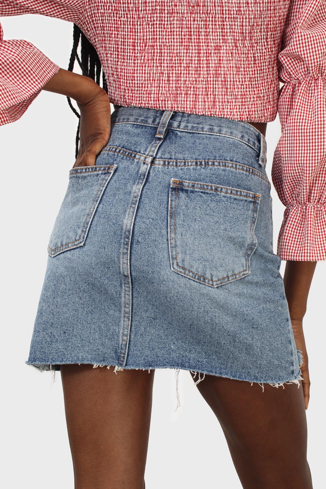 Mid blue denim ripped hem skirt_2