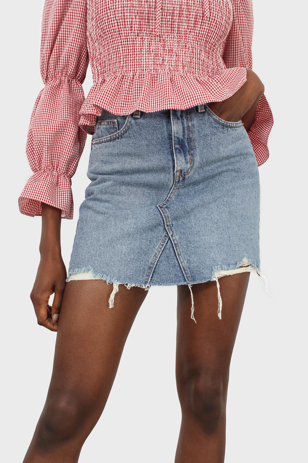Mid blue denim ripped hem skirt_3
