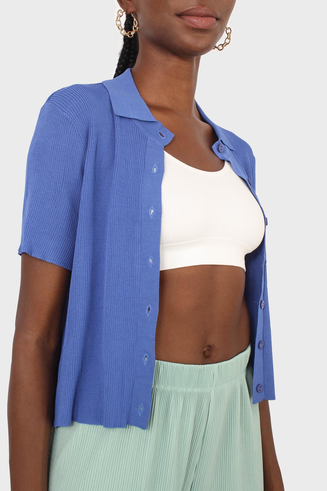 Cobalt blue ribbed fine knit polo top_8