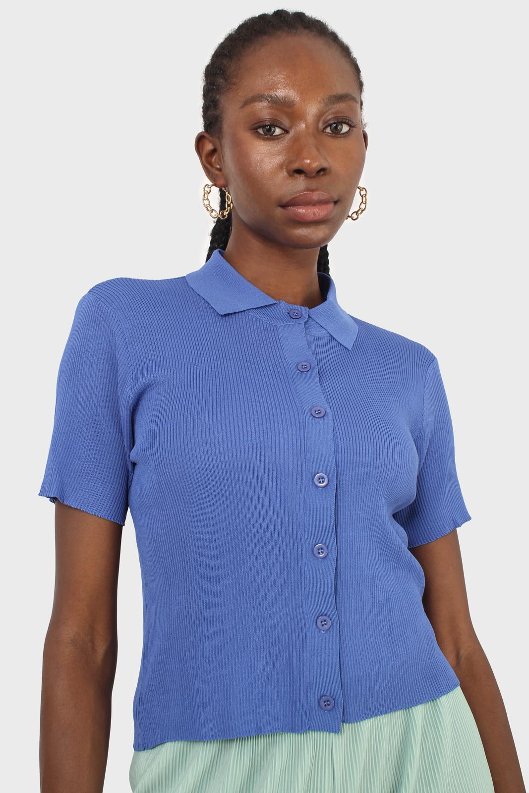 Cobalt blue ribbed fine knit polo top_4
