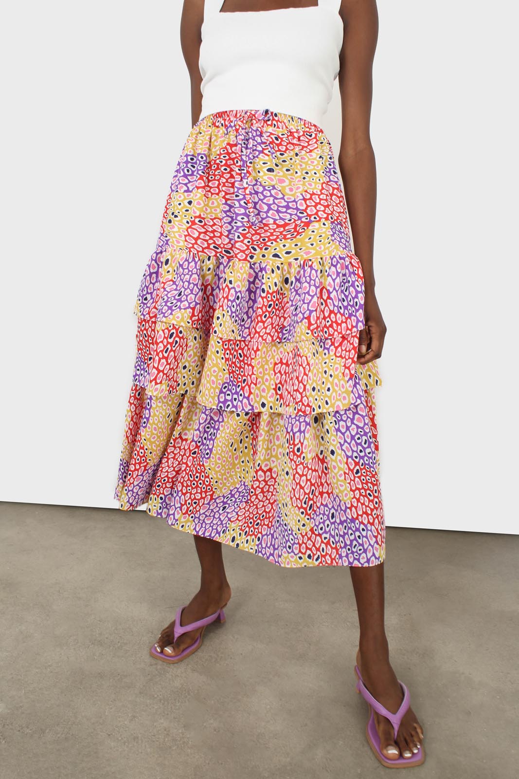Red multicoloured leopard print tiered midi skirt_3
