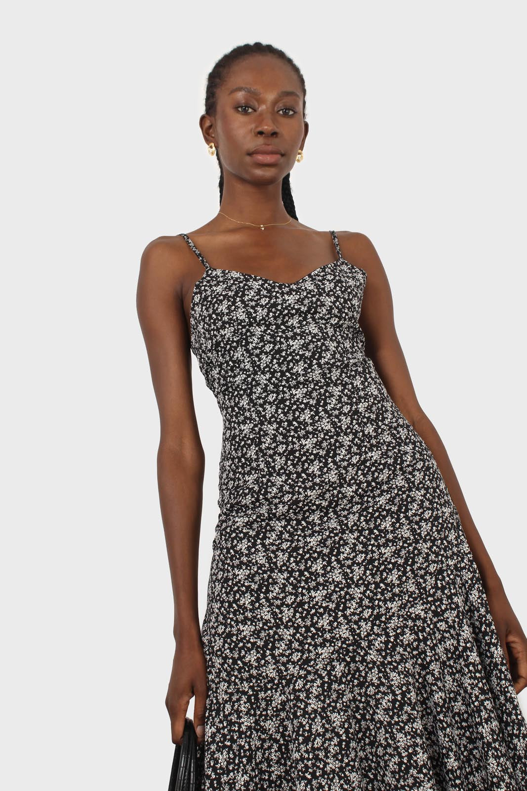 Black floral spaghetti strap midi dress_9