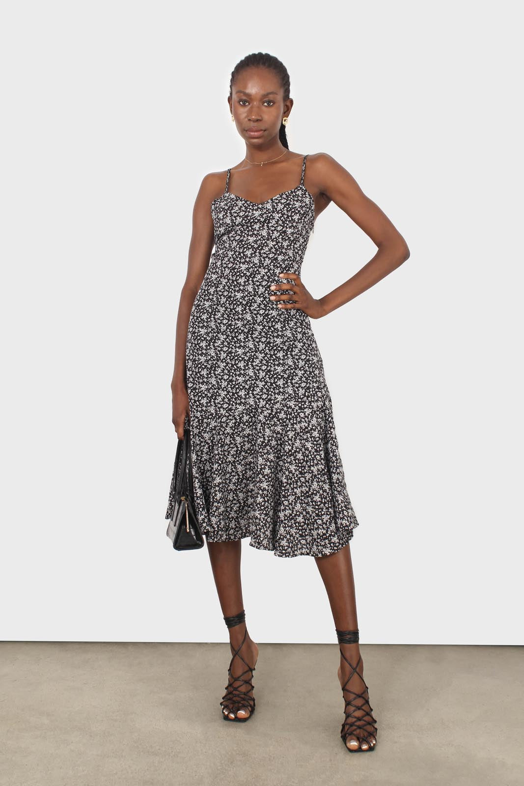 Black floral spaghetti strap midi dress_1