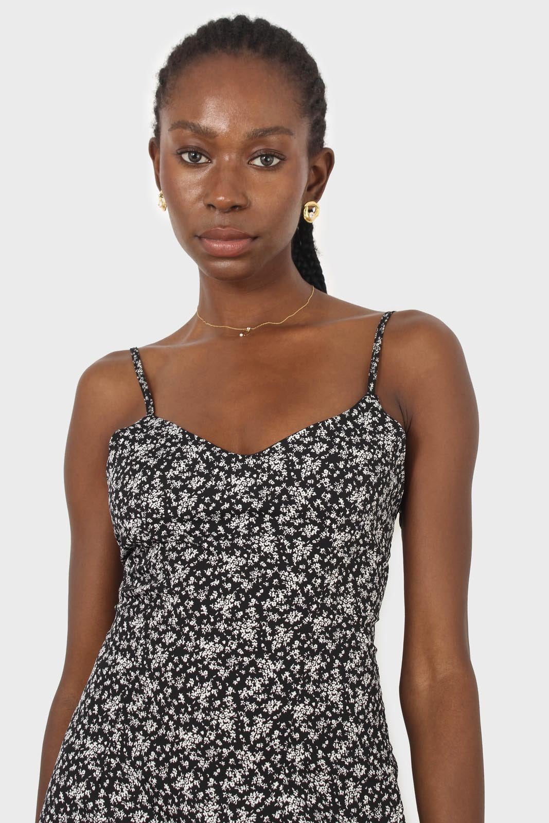 Black floral spaghetti strap midi dress_3