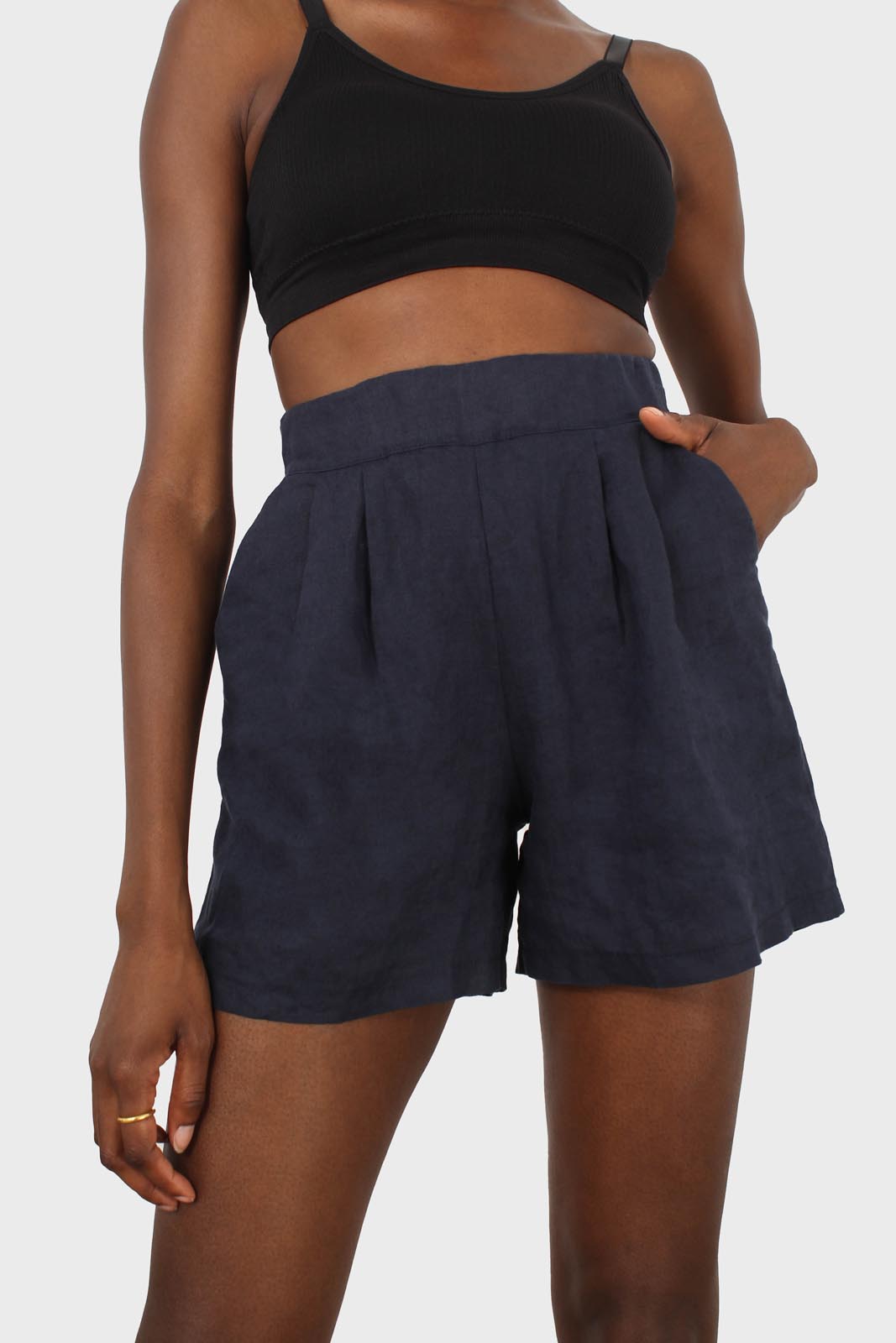 Navy linen blended shorts_2