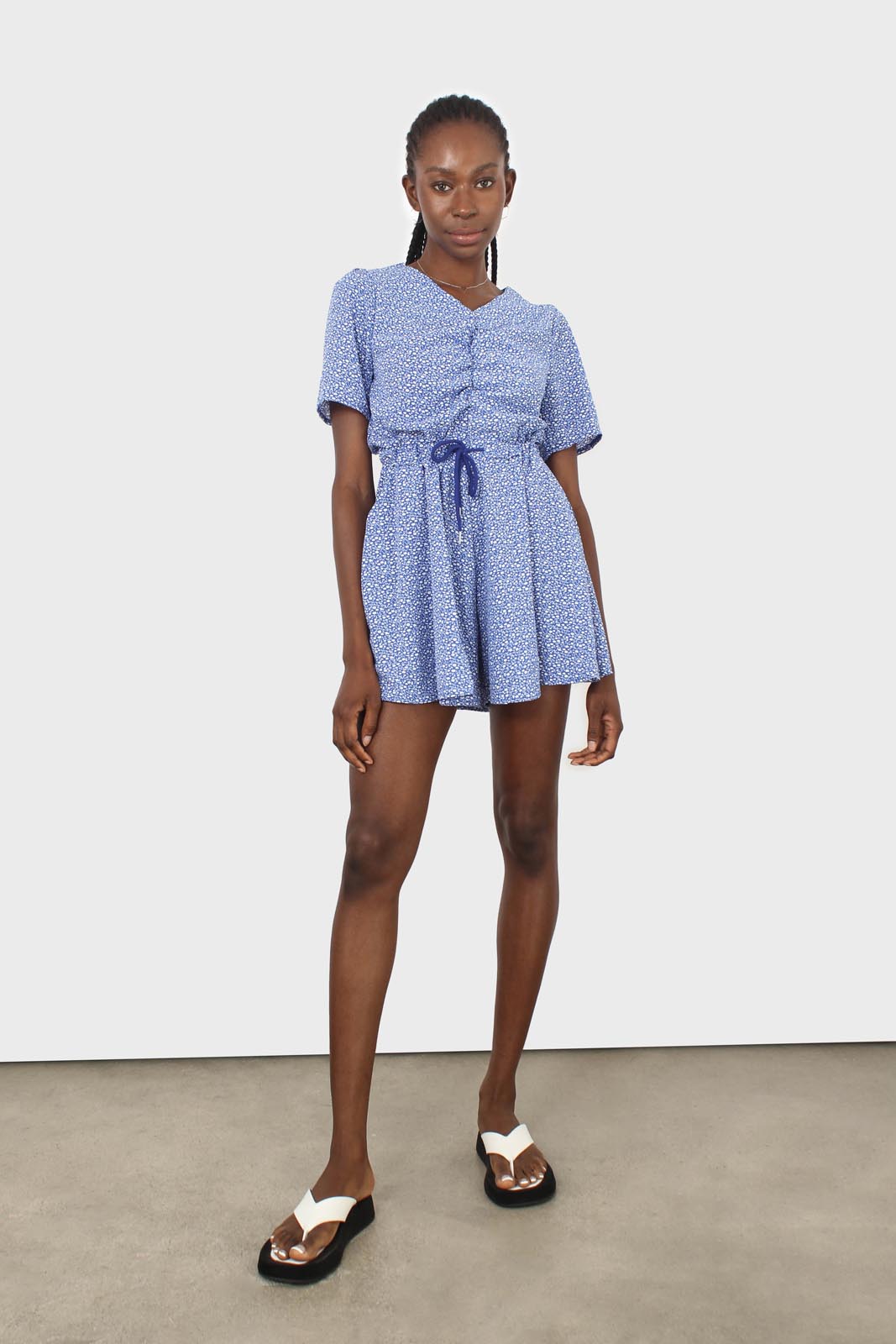 Cornflower blue and white floral print tie waist romper_3