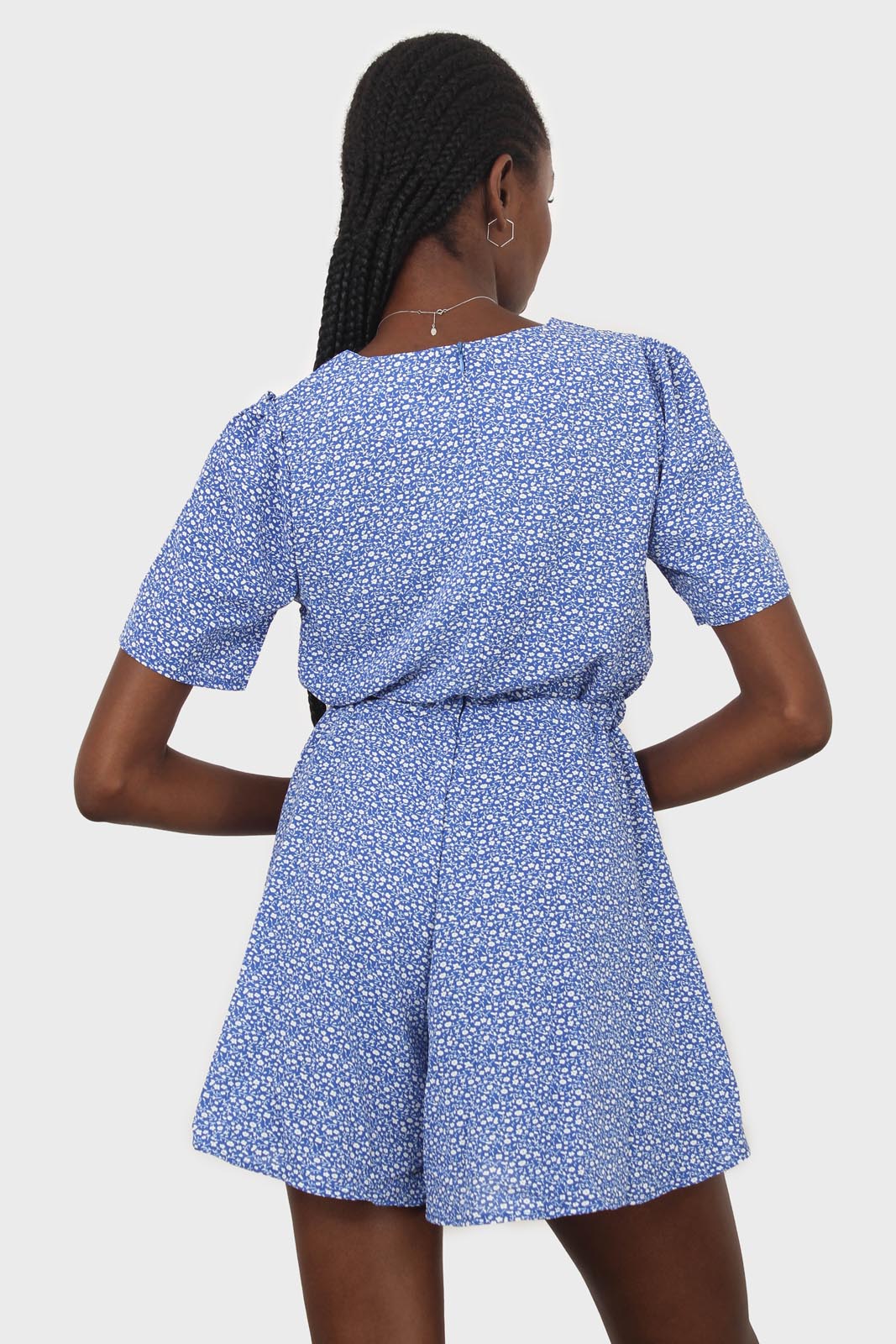 Cornflower blue and white floral print tie waist romper_2