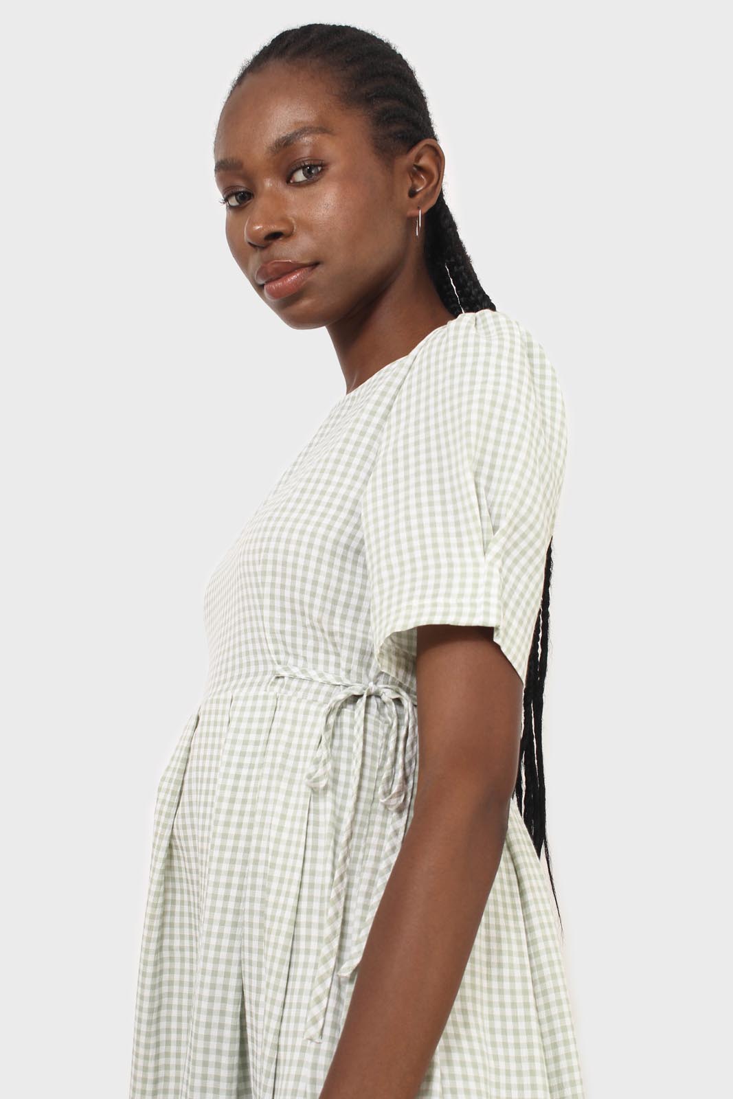 Light green gingham checked side tie midi dress_13
