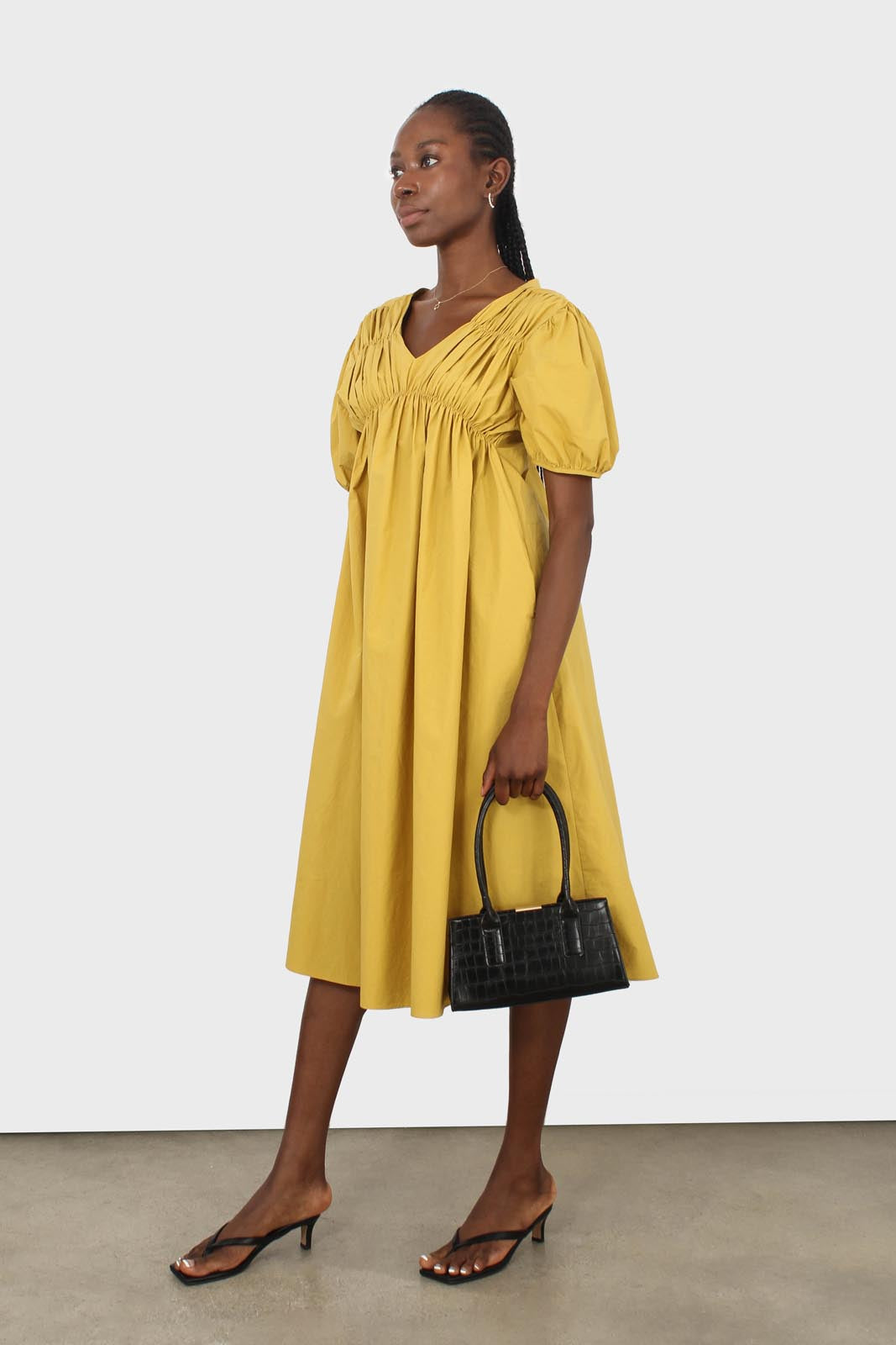 Mustard ruched seam V neck dress_6