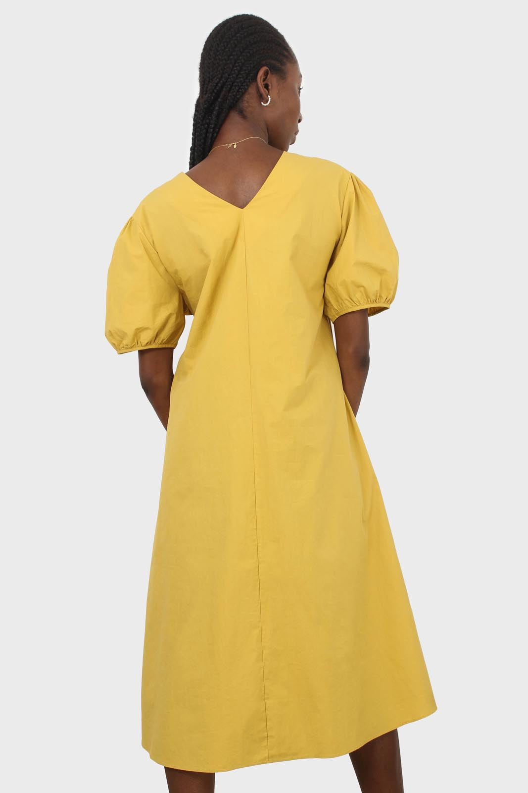 Mustard ruched seam V neck dress_3