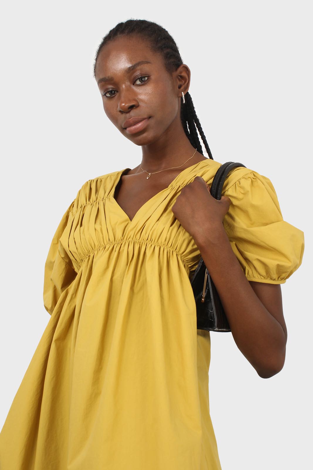 Mustard ruched seam V neck dress_8