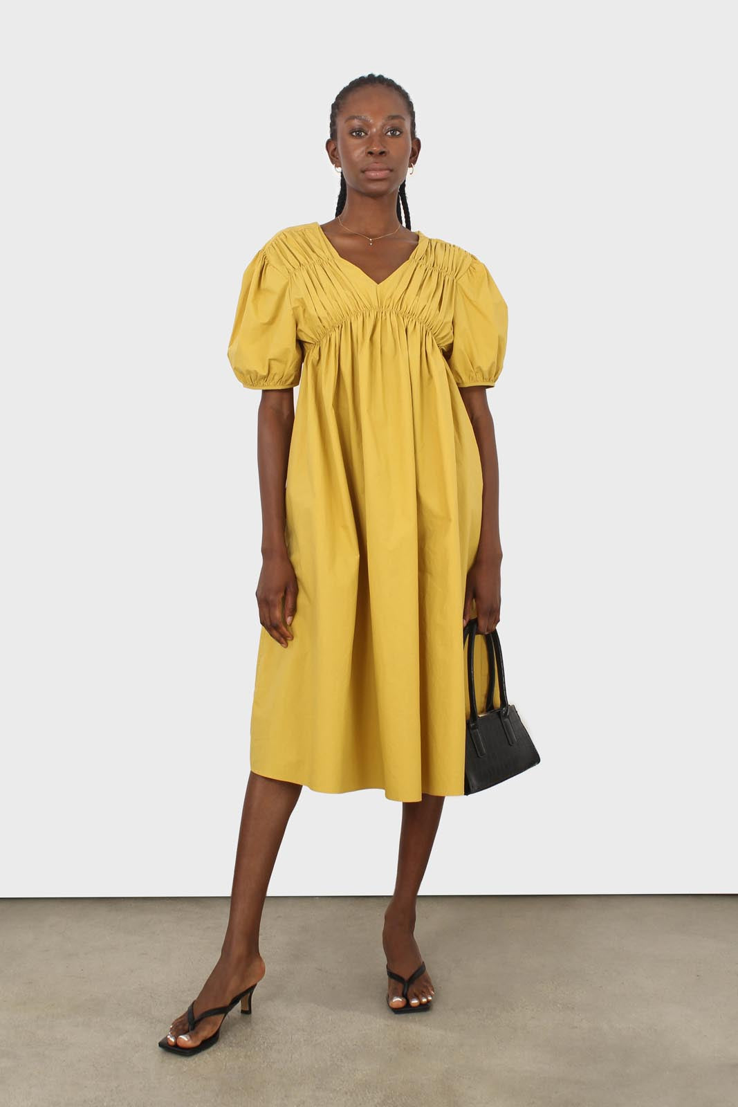 Mustard ruched seam V neck dress_5