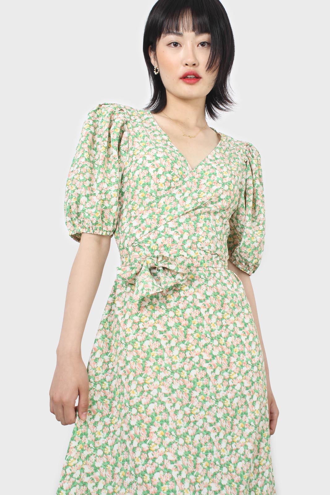 Green and pink floral wrap style midi dress_4