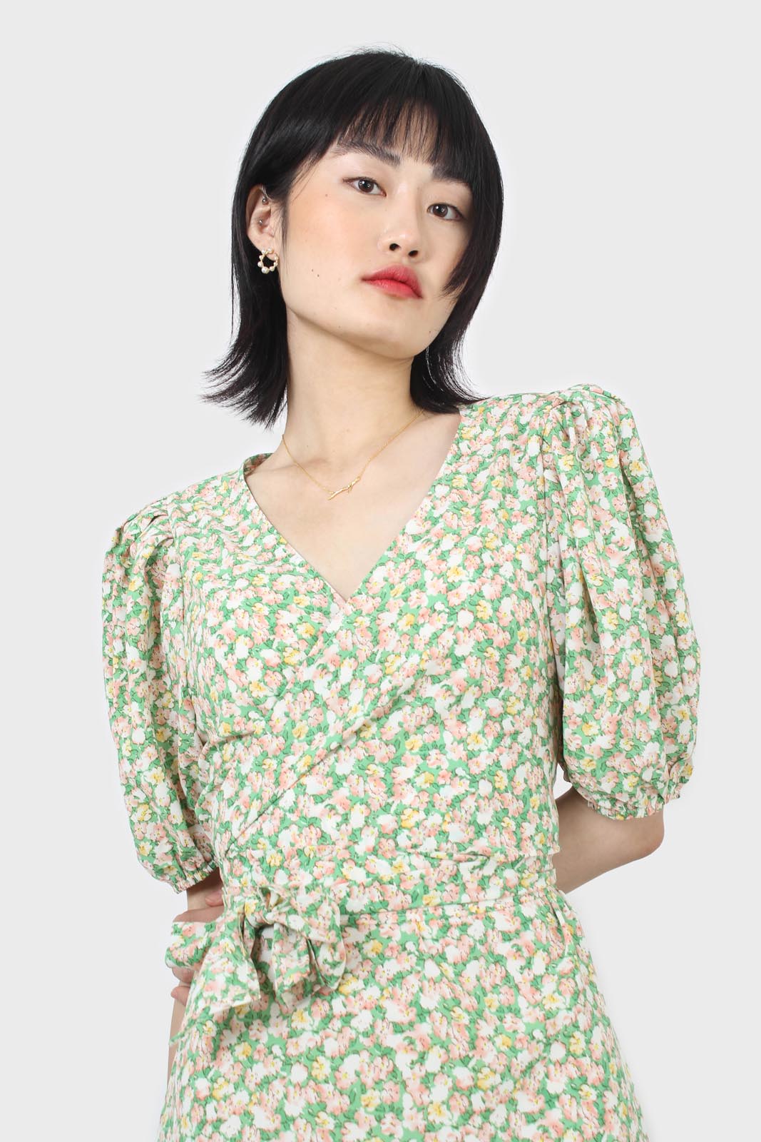 Green and pink floral wrap style midi dress_7