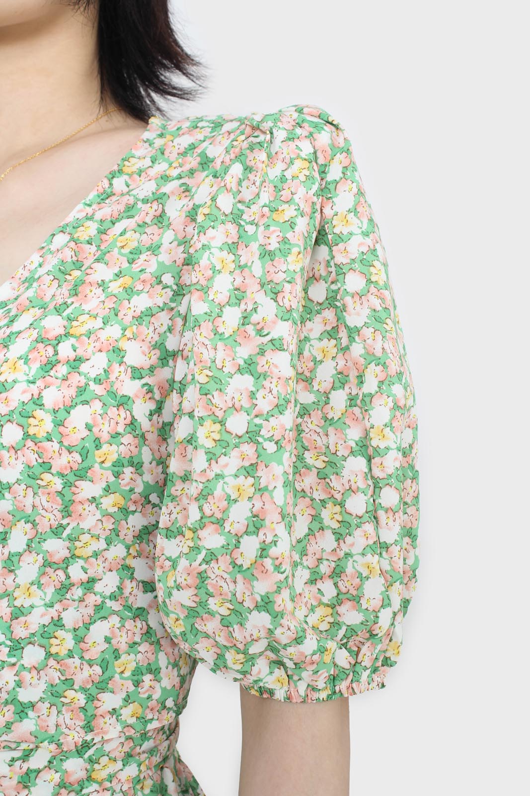 Green and pink floral wrap style midi dress_3