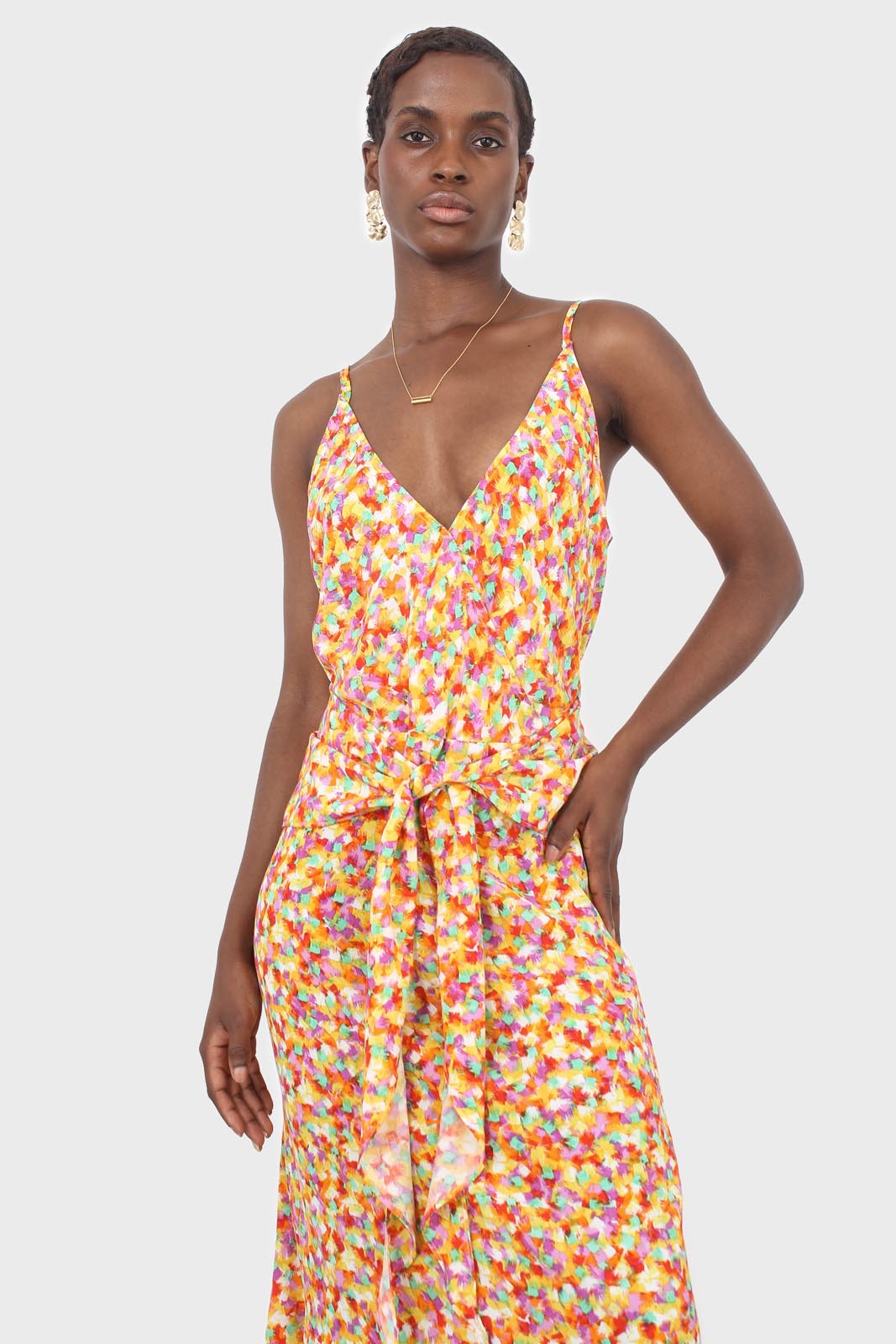 Orange dappled tie waist strappy midi dress_3