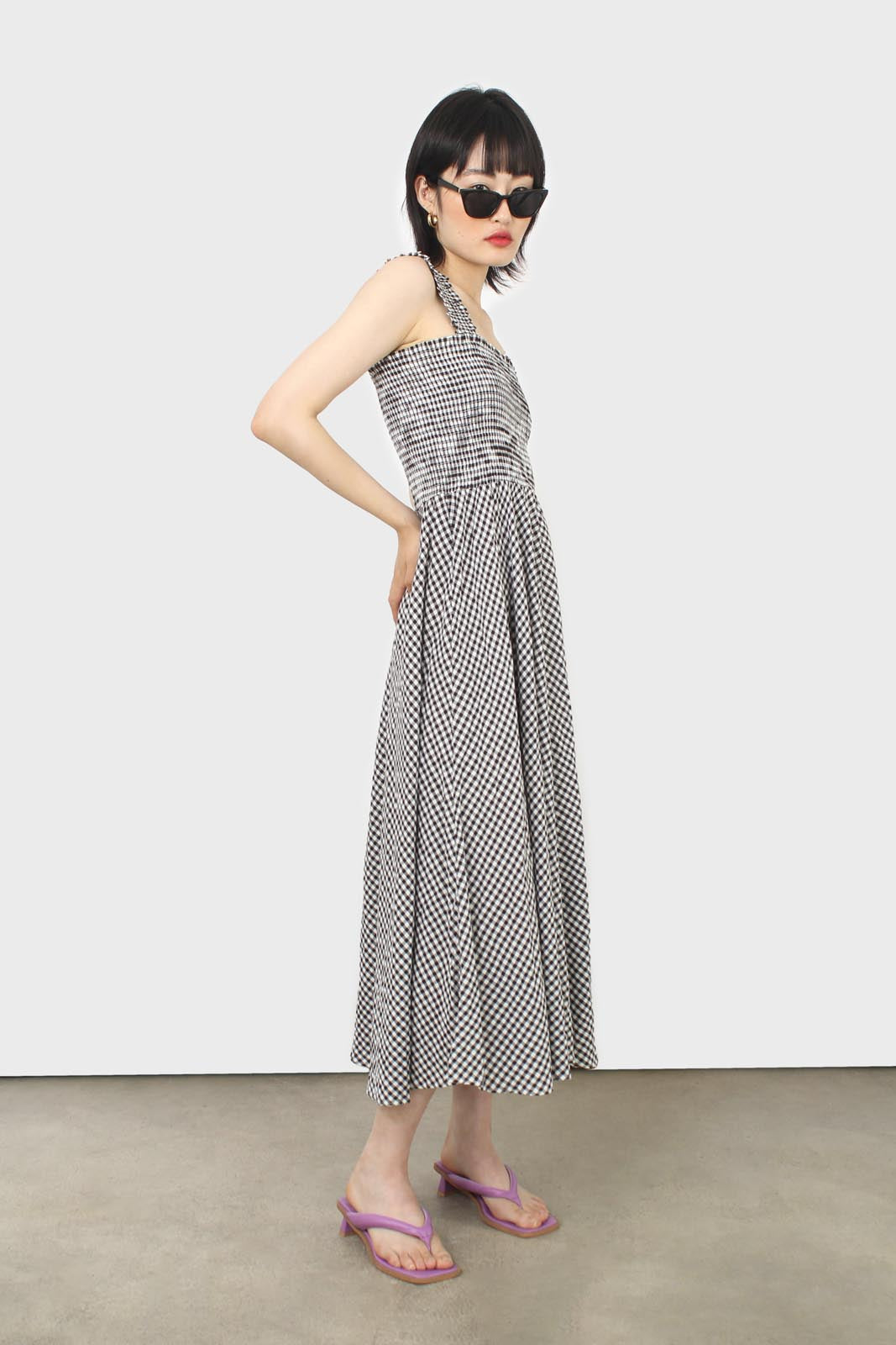 Black and white gingham ruched bodice dress_5