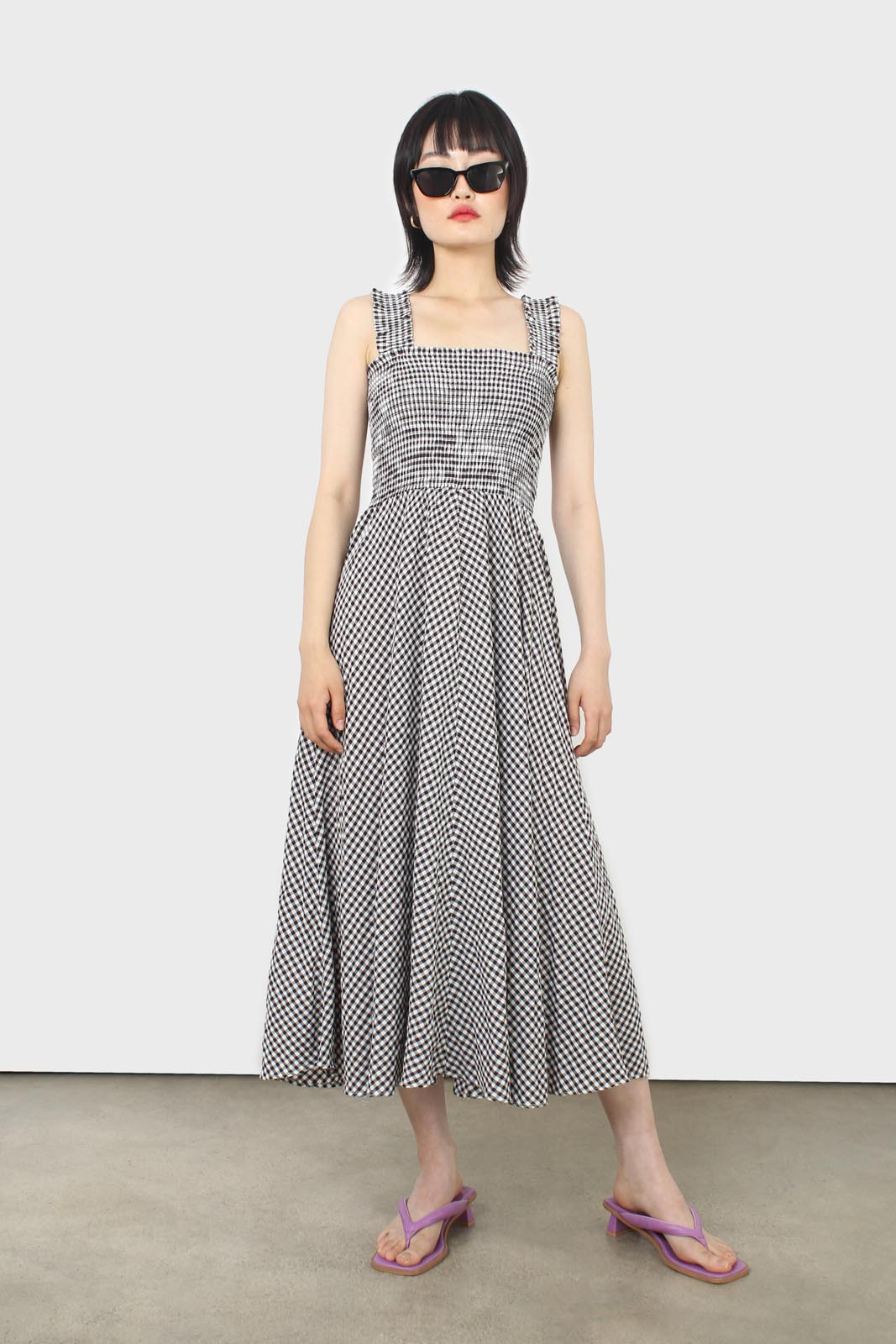 Black and white gingham ruched bodice dress_7