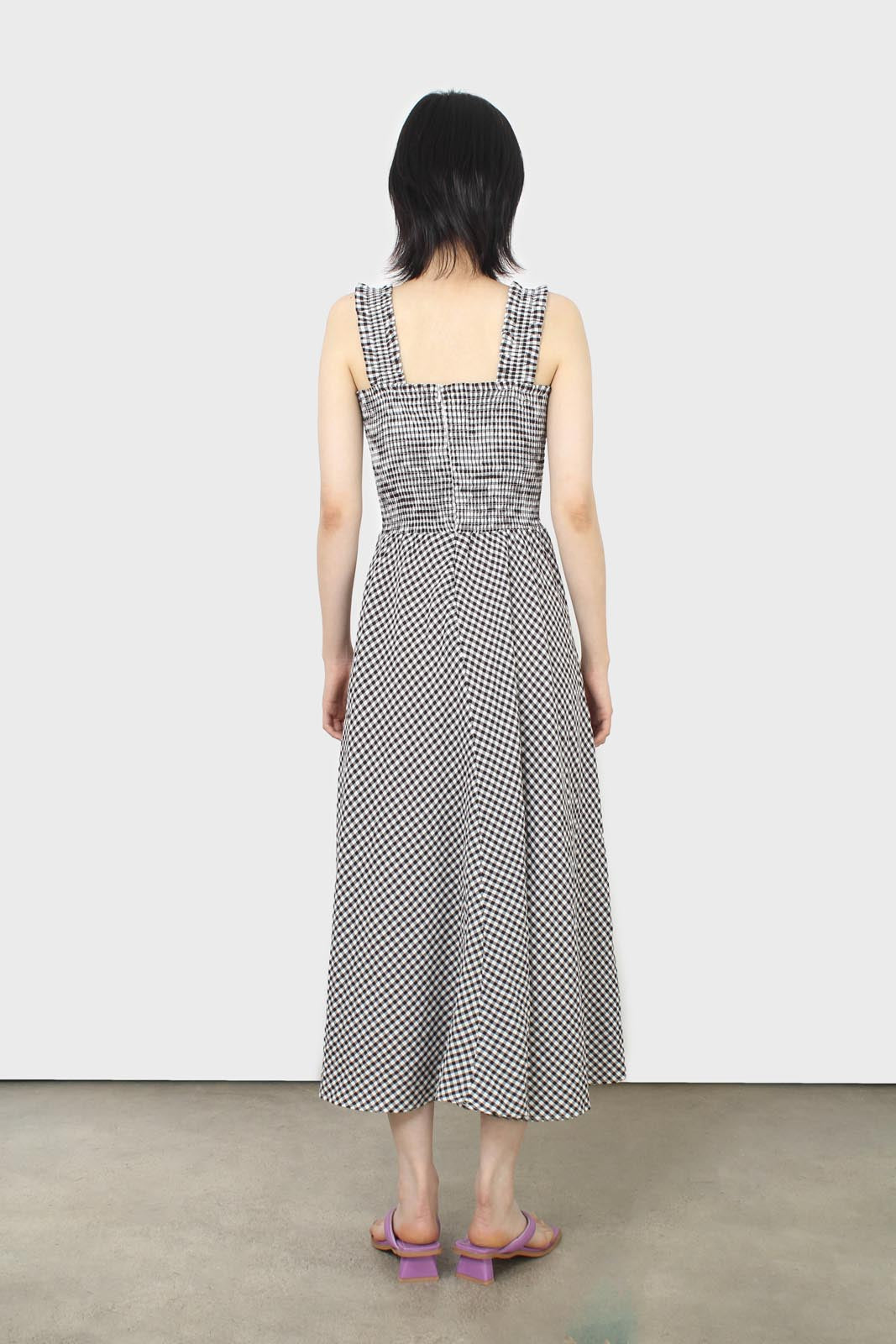 Black and white gingham ruched bodice dress_4