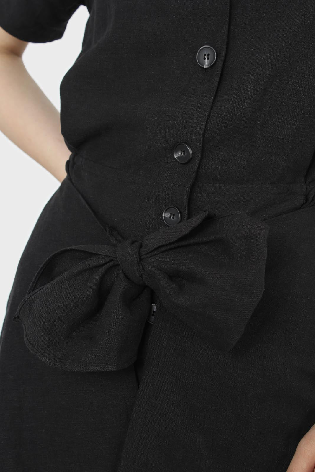Black short sleeved button up tie waist romper_8