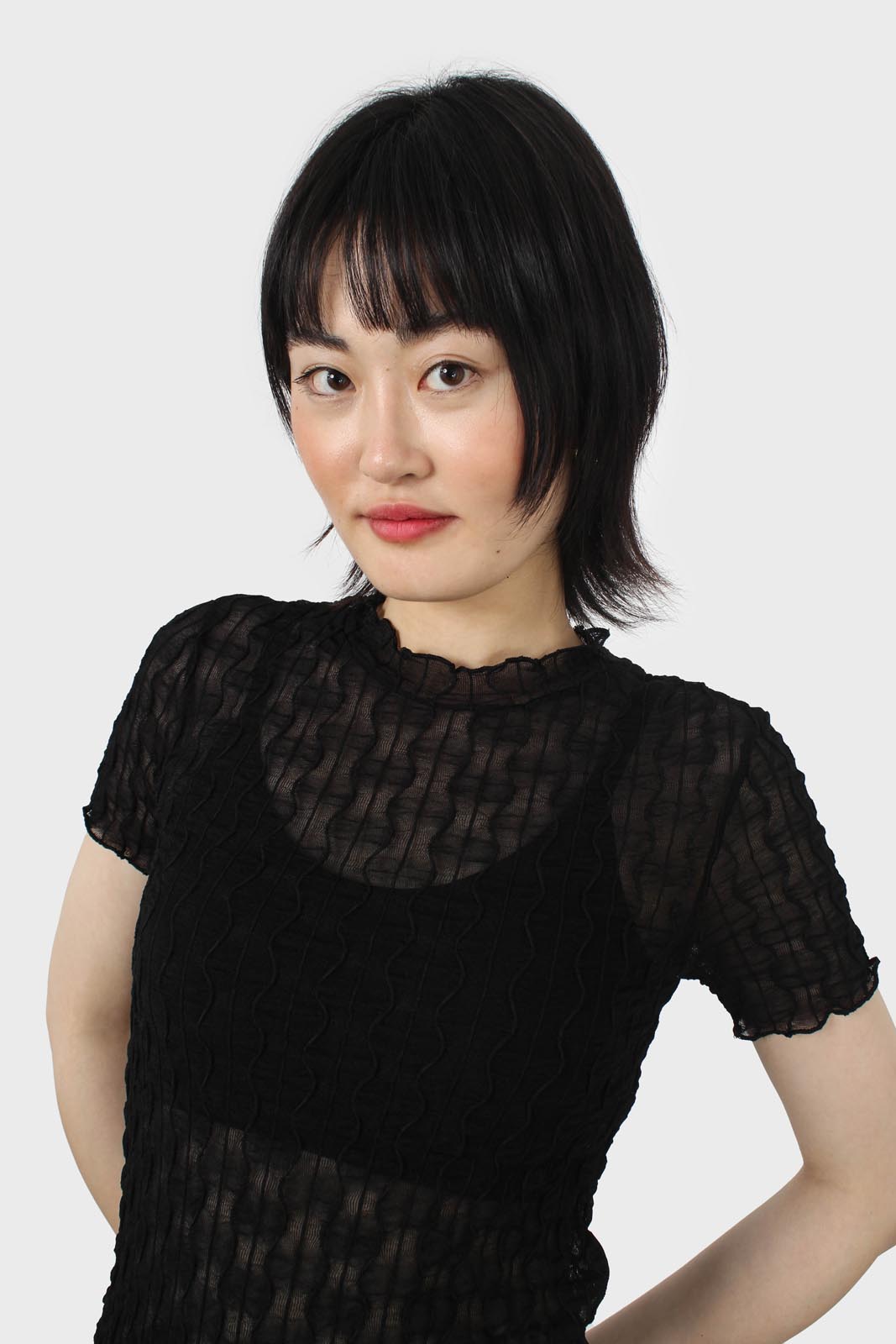 Black wave patterned semi sheer top_5