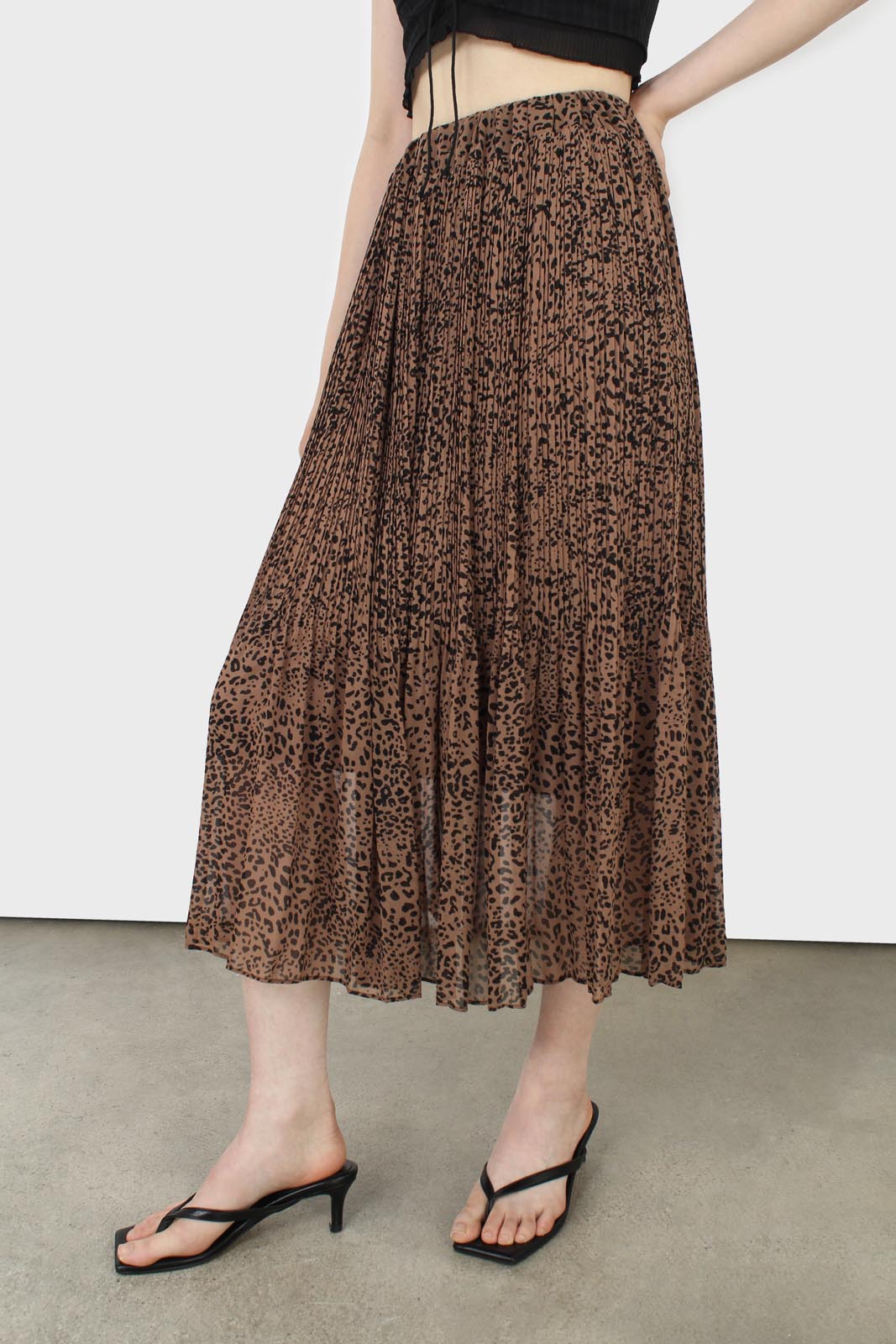 Camel and black animal print silky micro pleat maxi skirt_1