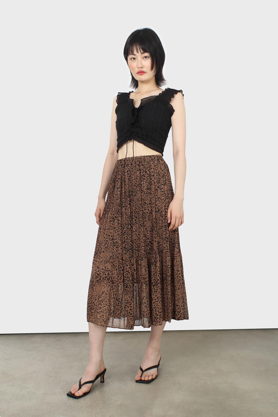 Camel and black animal print silky micro pleat maxi skirt_3