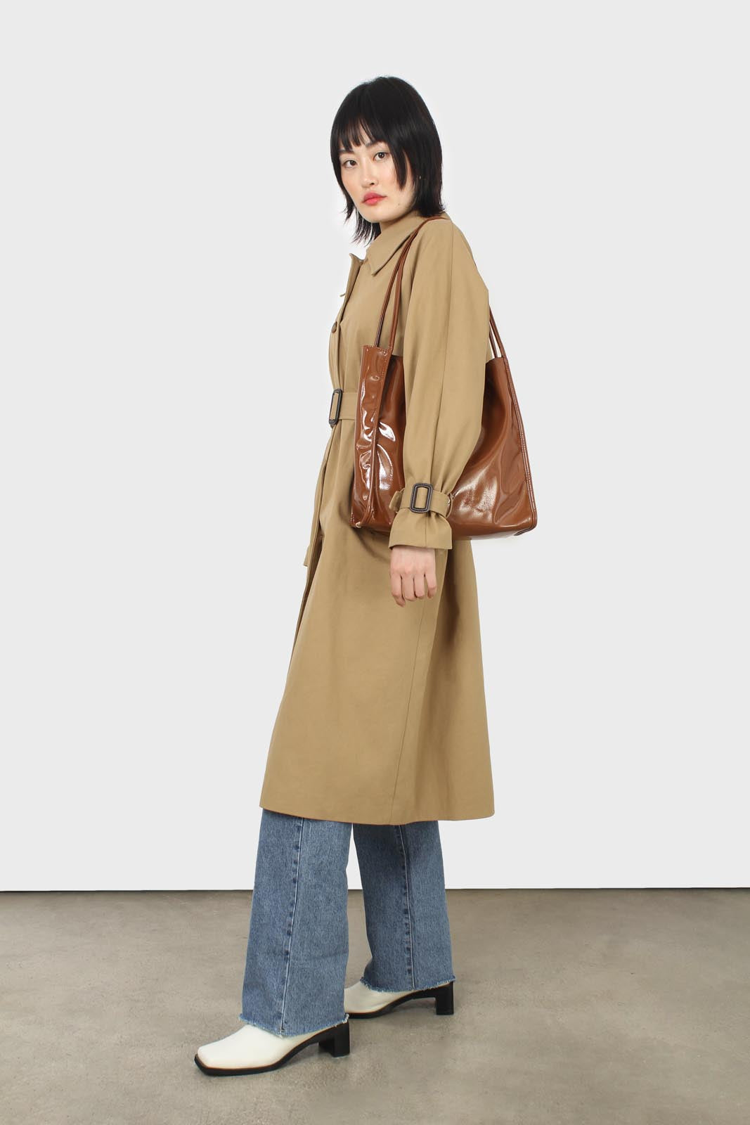 Dark beige single breasted buckle detail trench coat_9