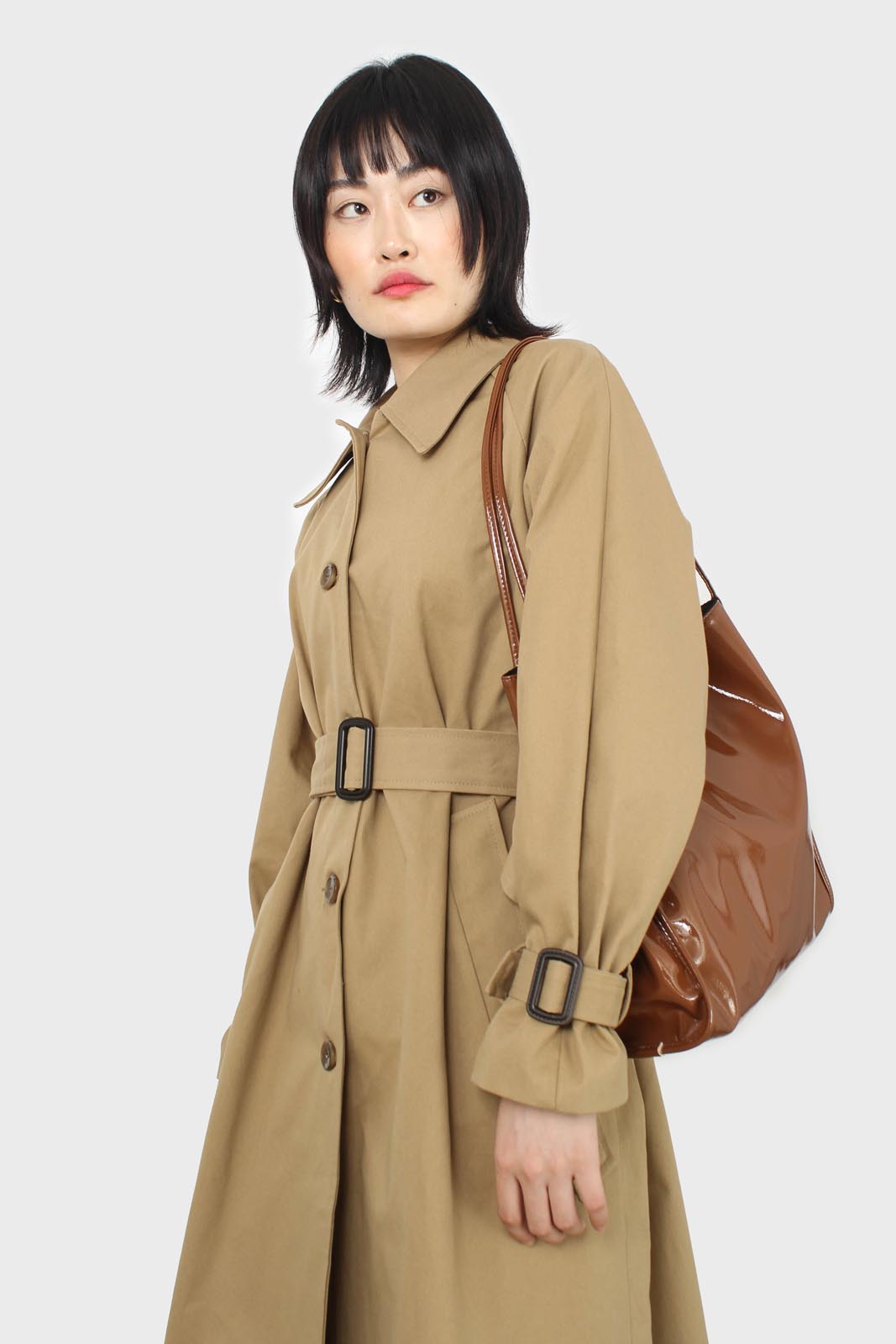 Dark beige single breasted buckle detail trench coat_7