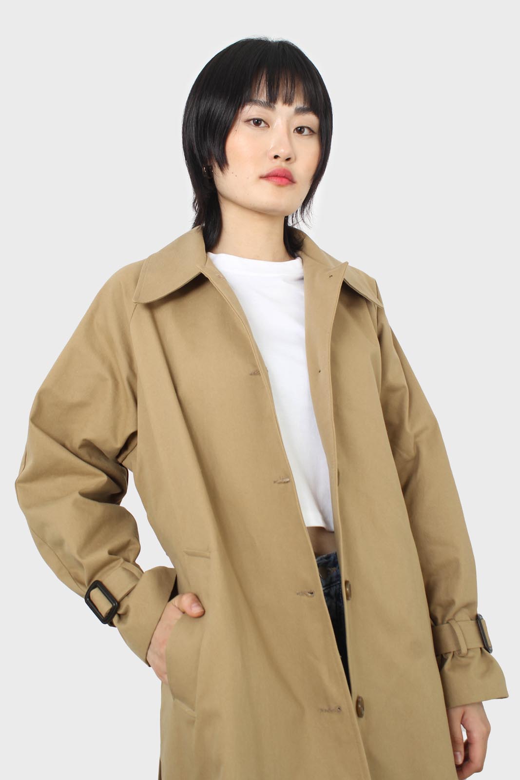 Dark beige single breasted buckle detail trench coat_10