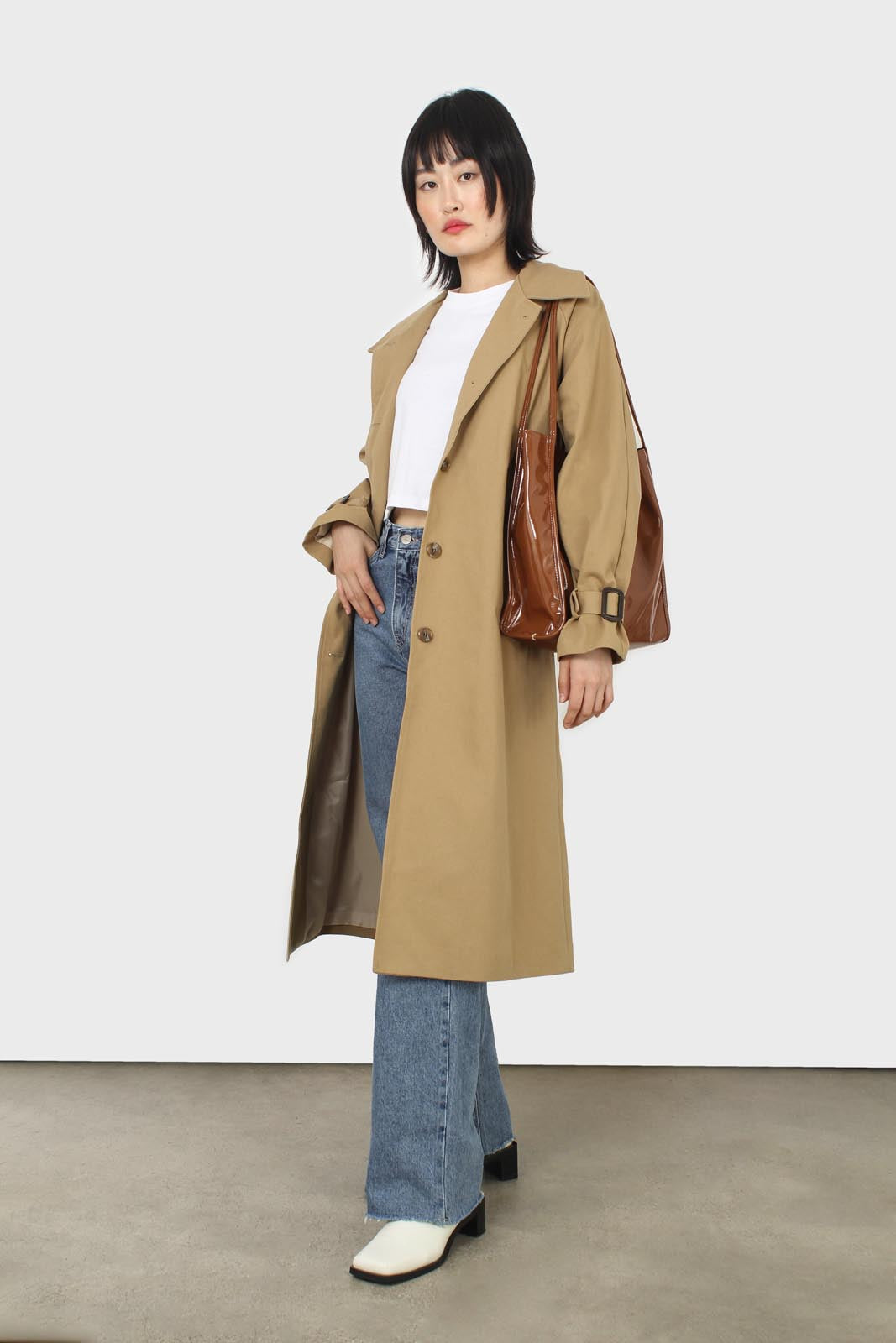 Dark beige single breasted buckle detail trench coat_6