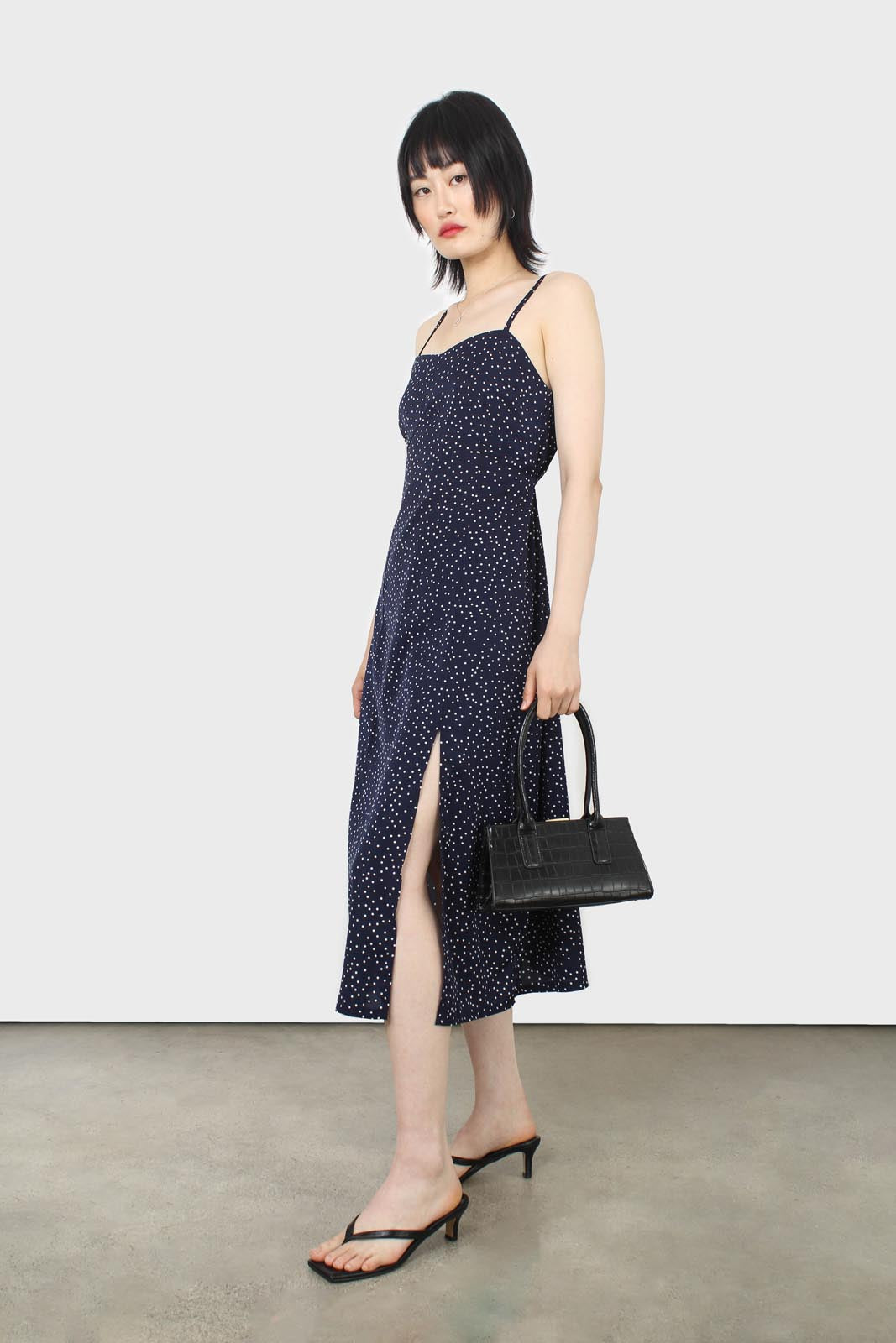 Navy and white polka dot thin strap midi dress_1