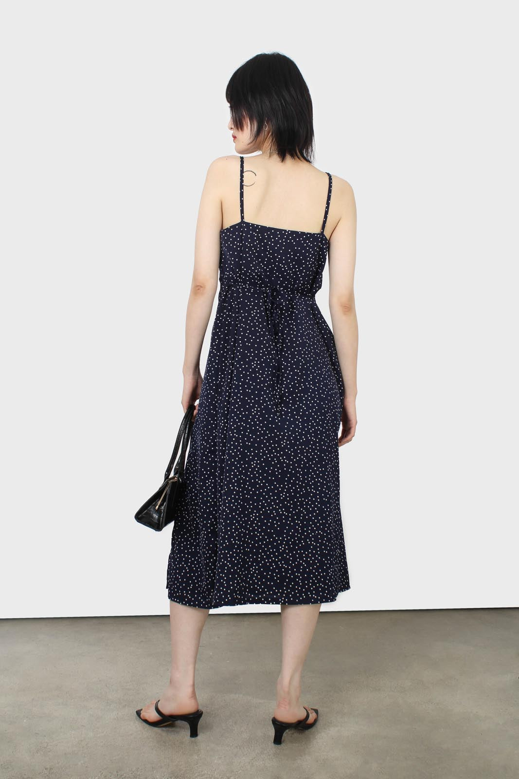 Navy and white polka dot thin strap midi dress_4