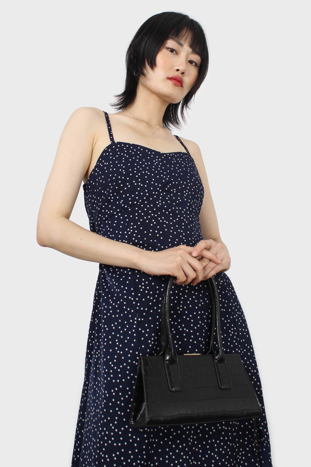 Navy and white polka dot thin strap midi dress_6