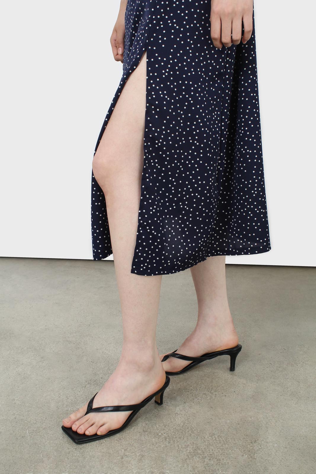 Navy and white polka dot thin strap midi dress_3