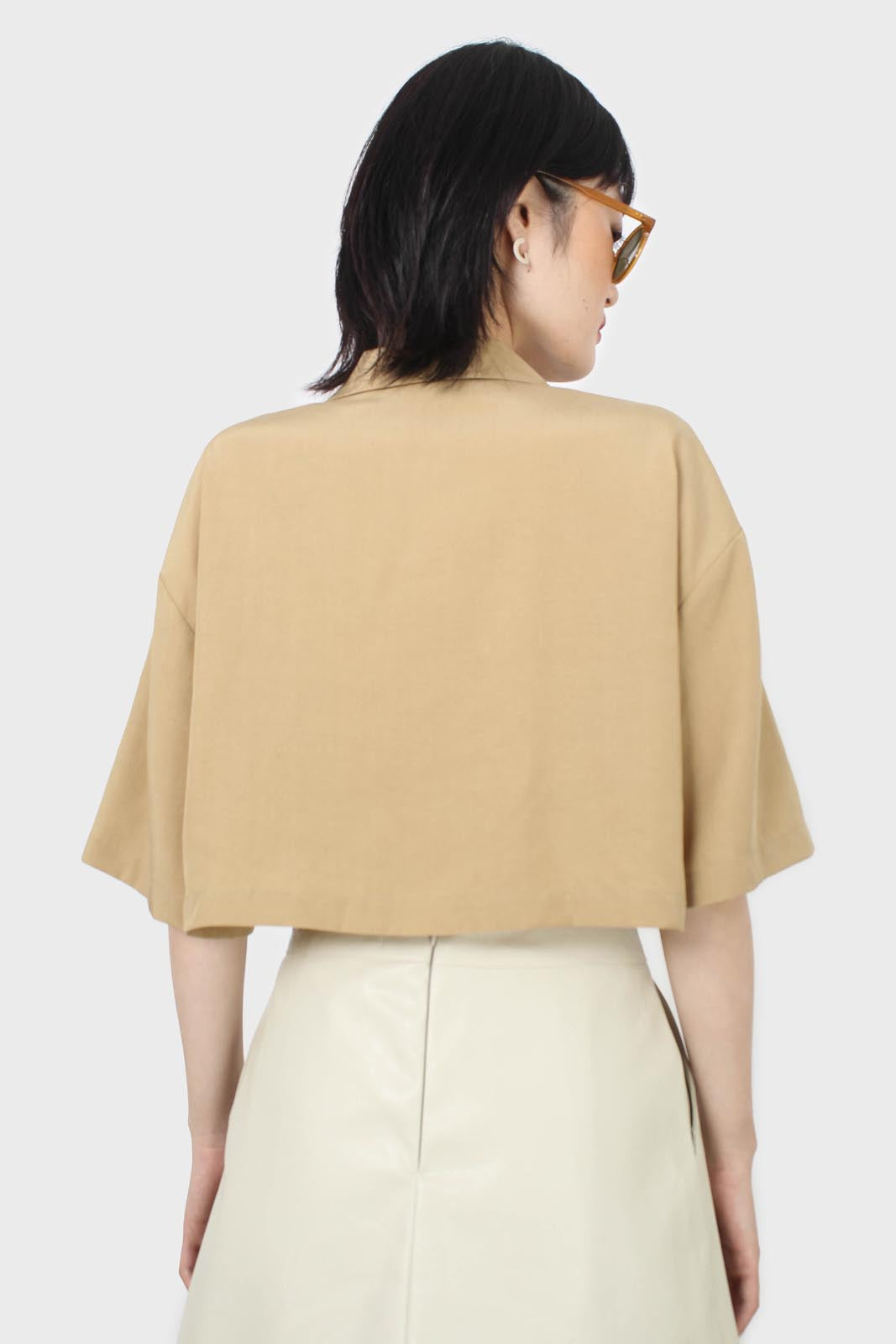 Tan cropped short sleeved boxy shirt_2