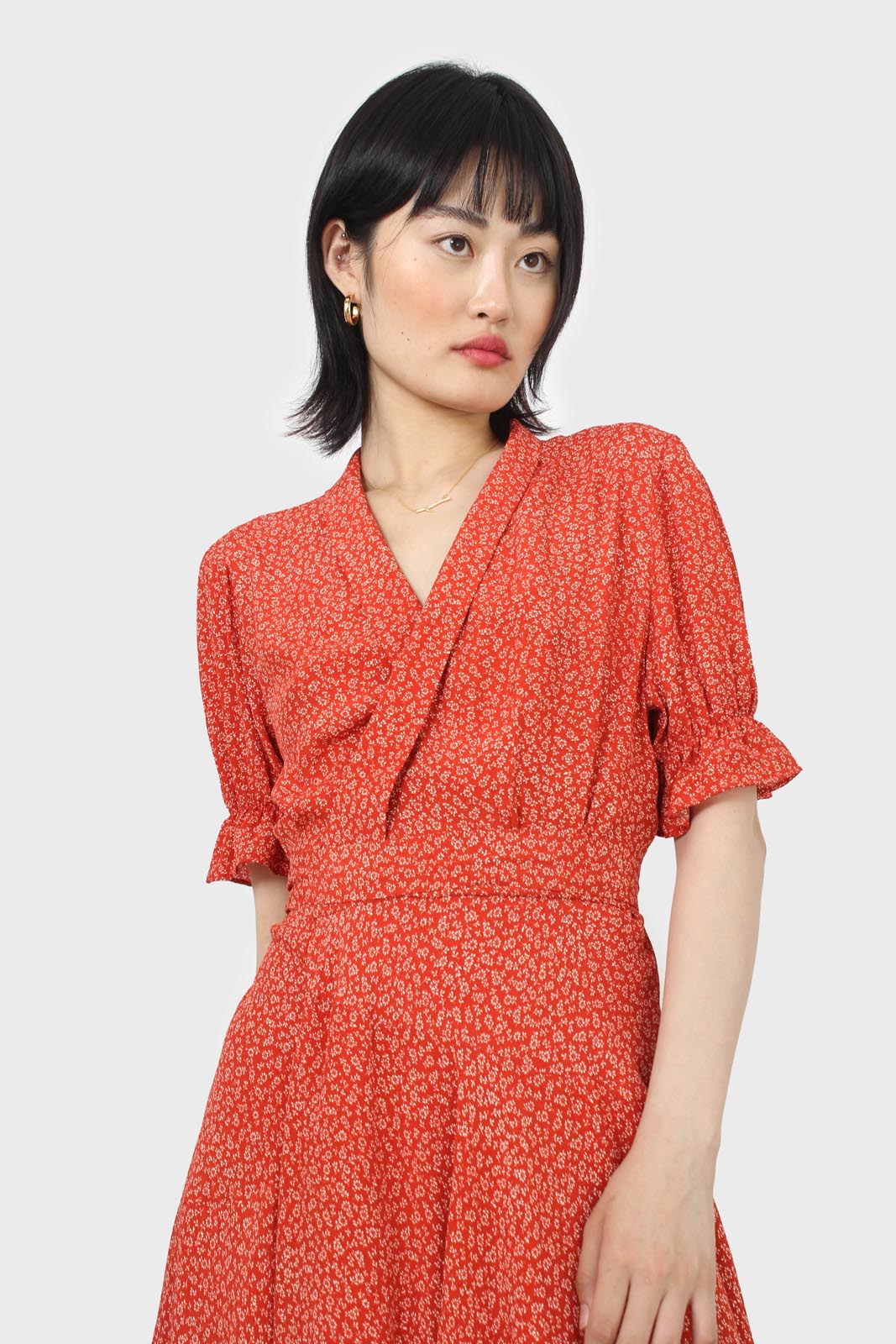 Orange and ivory floral puffed sleeve wrap mini dress_2