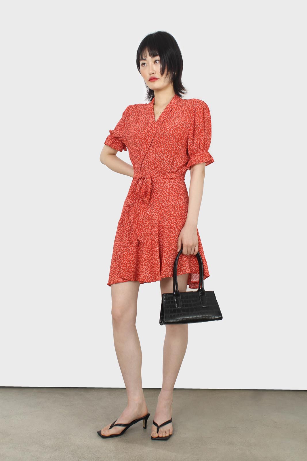 Orange and ivory floral puffed sleeve wrap mini dress_1