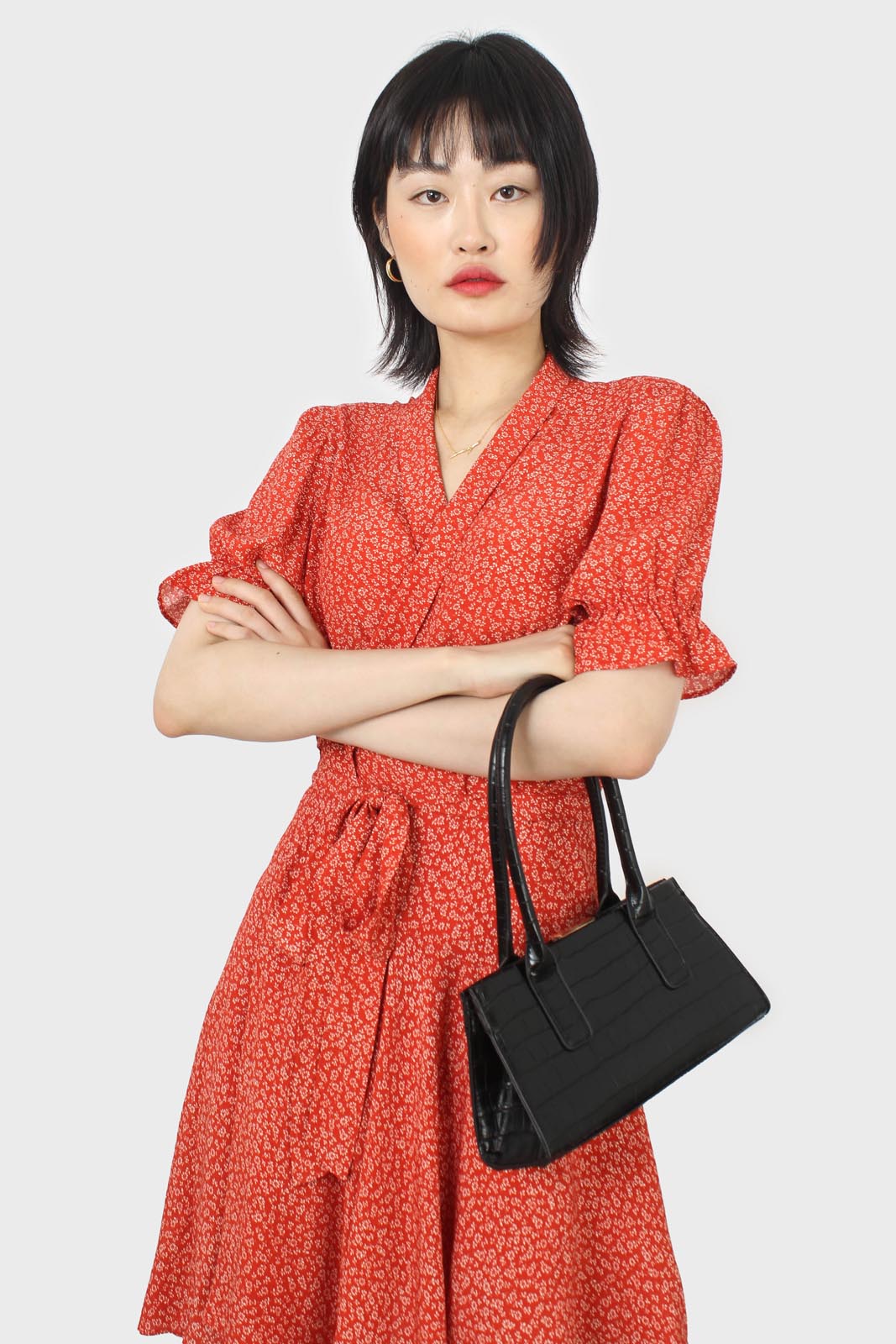 Orange and ivory floral puffed sleeve wrap mini dress_7