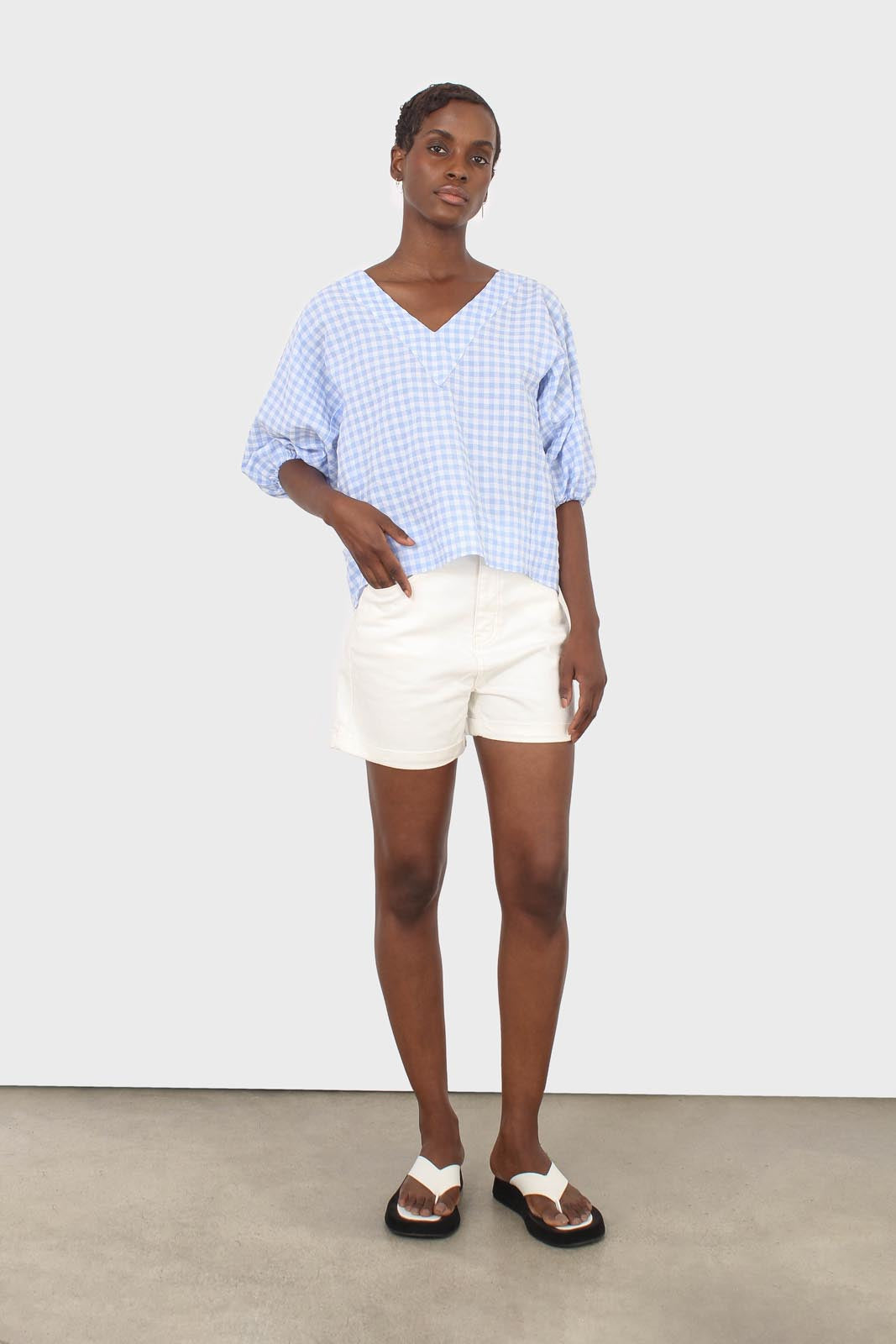 Blue gingham tie back puff sleeved top_2