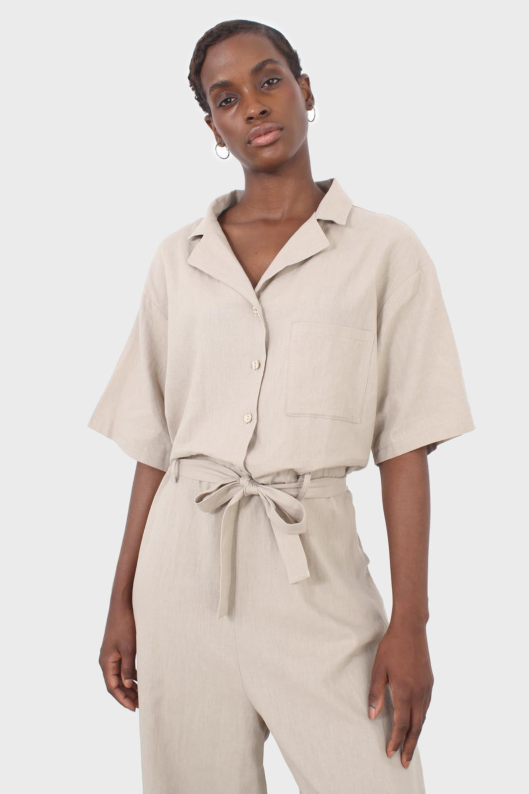 Oatmeal linen blend short sleeved boilersuit_2