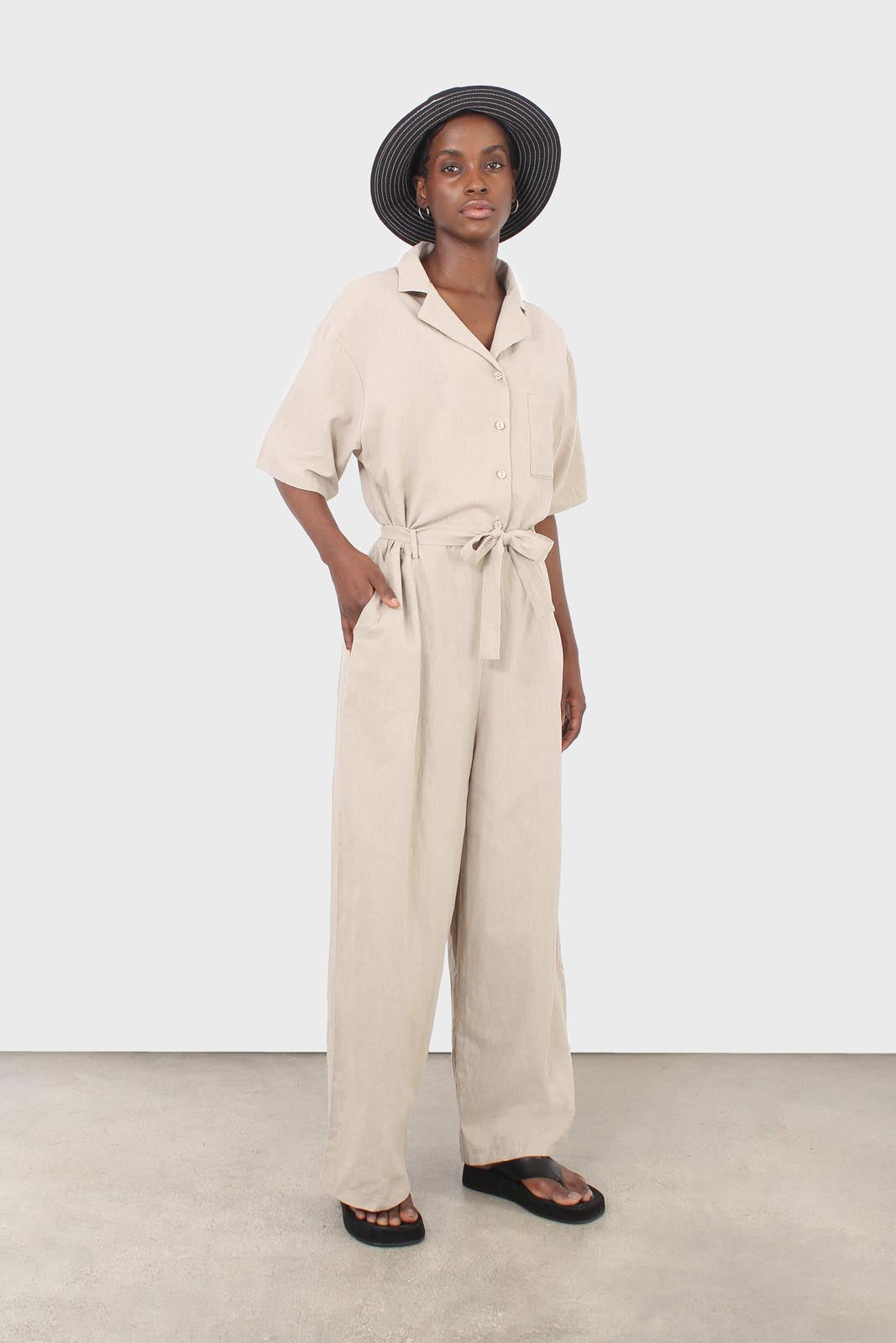 Oatmeal linen blend short sleeved boilersuit_1