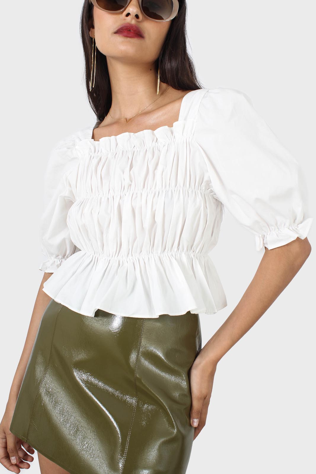 Ivory ruched puff sleeve cropped top_5