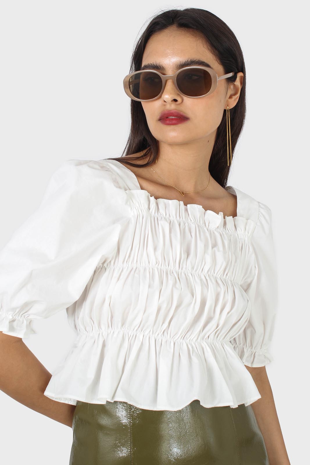 Ivory ruched puff sleeve cropped top_1