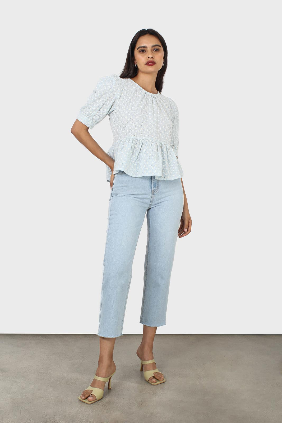 Pale blue eyelet puff sleeved open back blouse_6