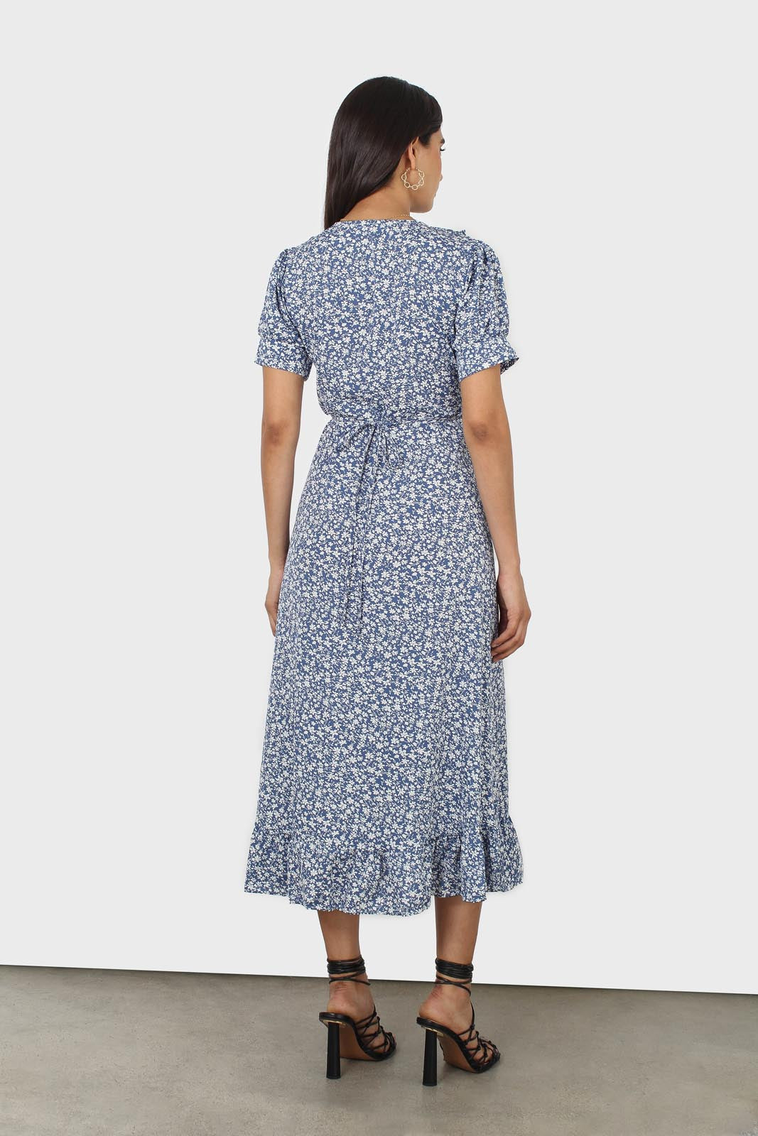 Blue and white tiny floral wrap ruffle midi dress_11