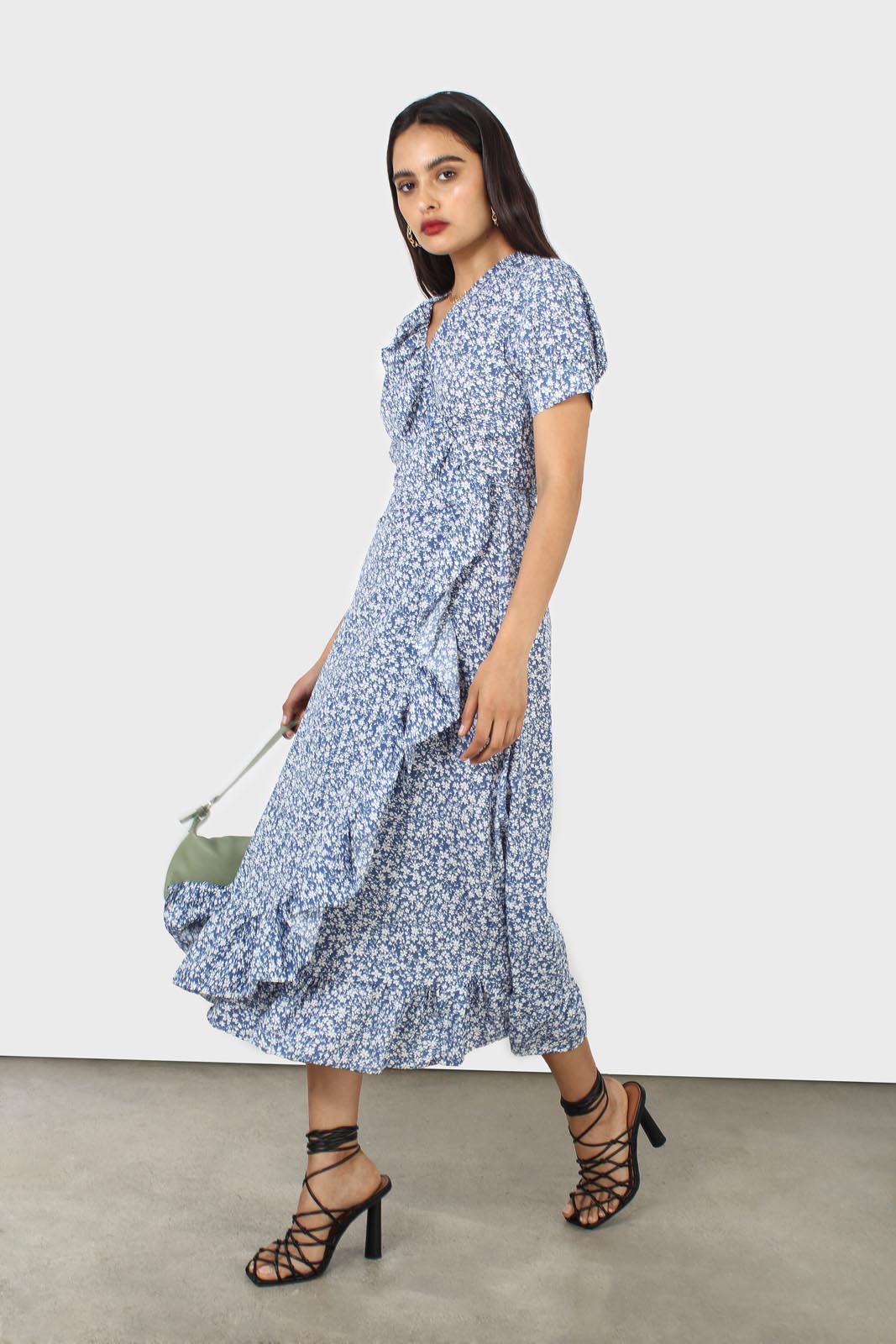 Blue and white tiny floral wrap ruffle midi dress_1