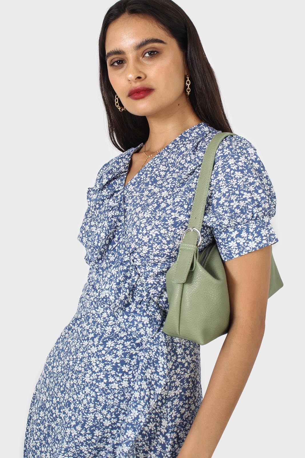 Blue and white tiny floral wrap ruffle midi dress_10